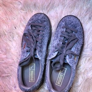 Gray suede platform pumas